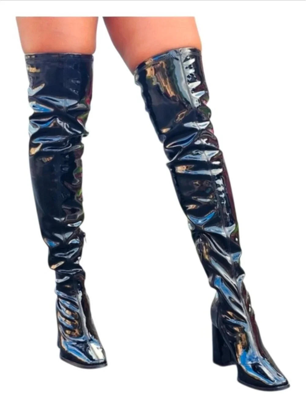 Over-The-Knee Black Patent Leather Block Heel Boots